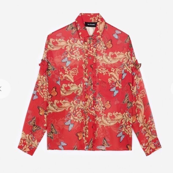 The Kooples Royal Butterfly 100% Silk Sheer Gold Bold Print Boxy Blouse XS - Picture 4 of 8